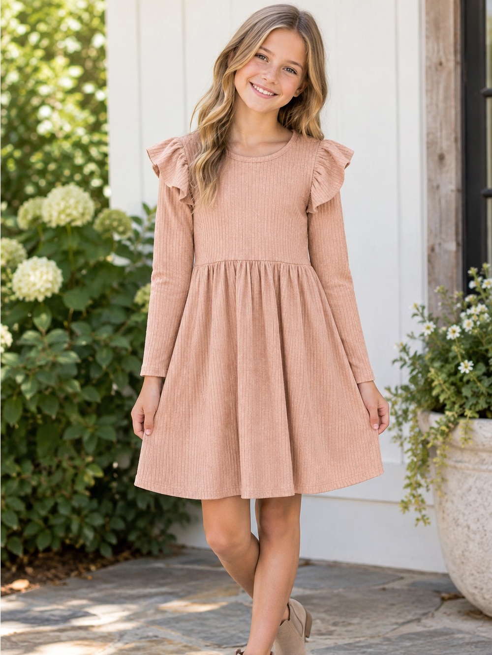 Monica + Andy Girls Long Sleeve Ribbed Dress Size 10 Peach Color
